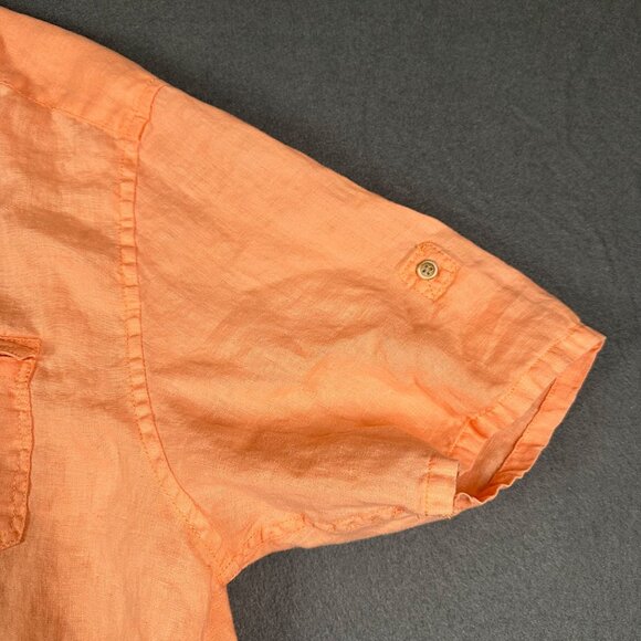 Islander Mens Large Orange Peach Short Sleeve Button Up Linen Shirt Pockets - Picture 2 of 11